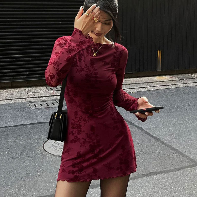 AC668 European and American Cross-border Explosions 2024 Early Spring Sexy Hot Girl Mesh Floral Crewneck Long Sleeve dress Women - Cozy & Co. Market