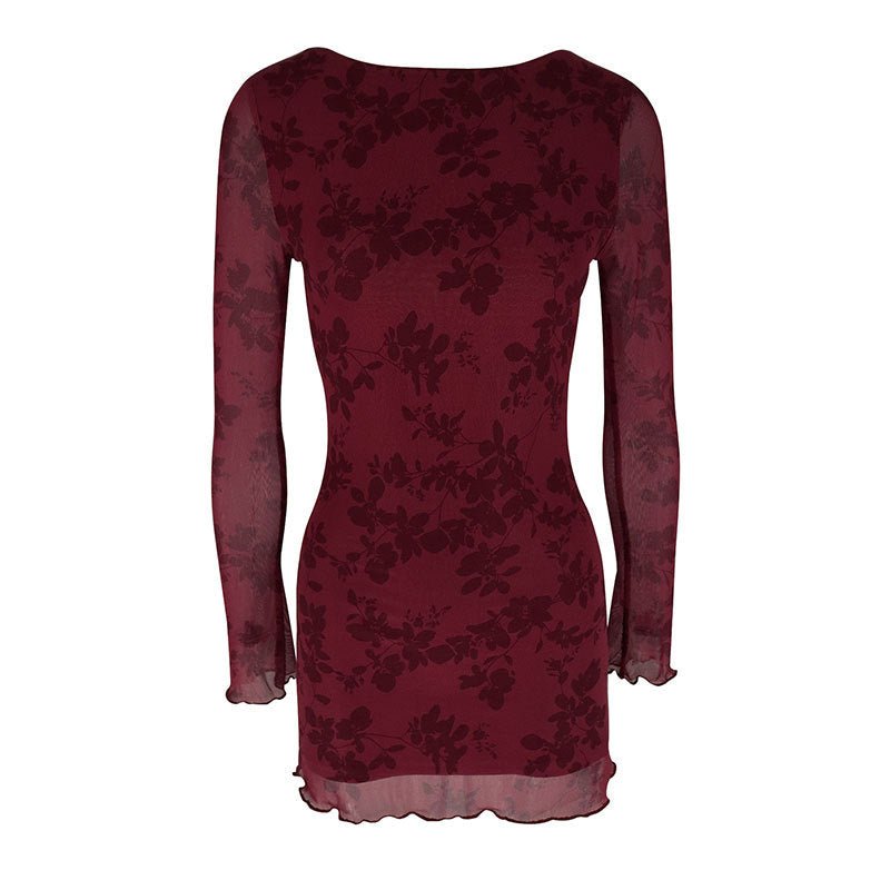 AC668 European and American Cross-border Explosions 2024 Early Spring Sexy Hot Girl Mesh Floral Crewneck Long Sleeve dress Women - Cozy & Co. Market