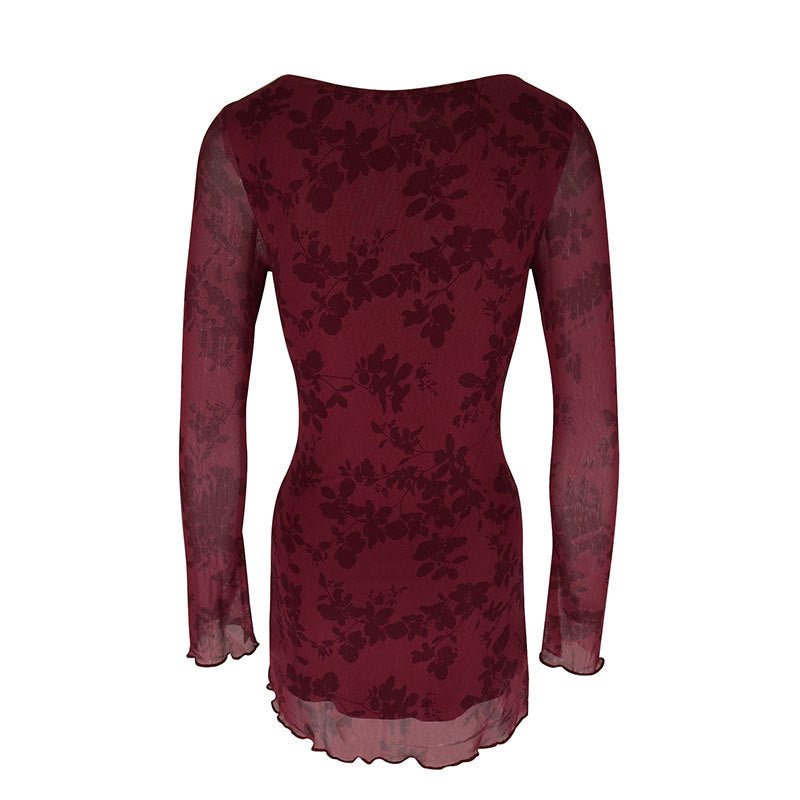 AC668 European and American Cross-border Explosions 2024 Early Spring Sexy Hot Girl Mesh Floral Crewneck Long Sleeve dress Women - Cozy & Co. Market