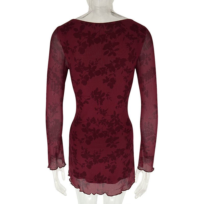 AC668 European and American Cross-border Explosions 2024 Early Spring Sexy Hot Girl Mesh Floral Crewneck Long Sleeve dress Women - Cozy & Co. Market