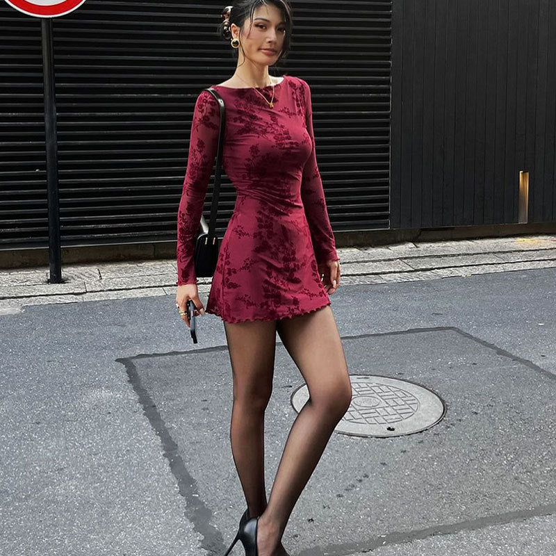 AC668 European and American Cross-border Explosions 2024 Early Spring Sexy Hot Girl Mesh Floral Crewneck Long Sleeve dress Women - Cozy & Co. Market