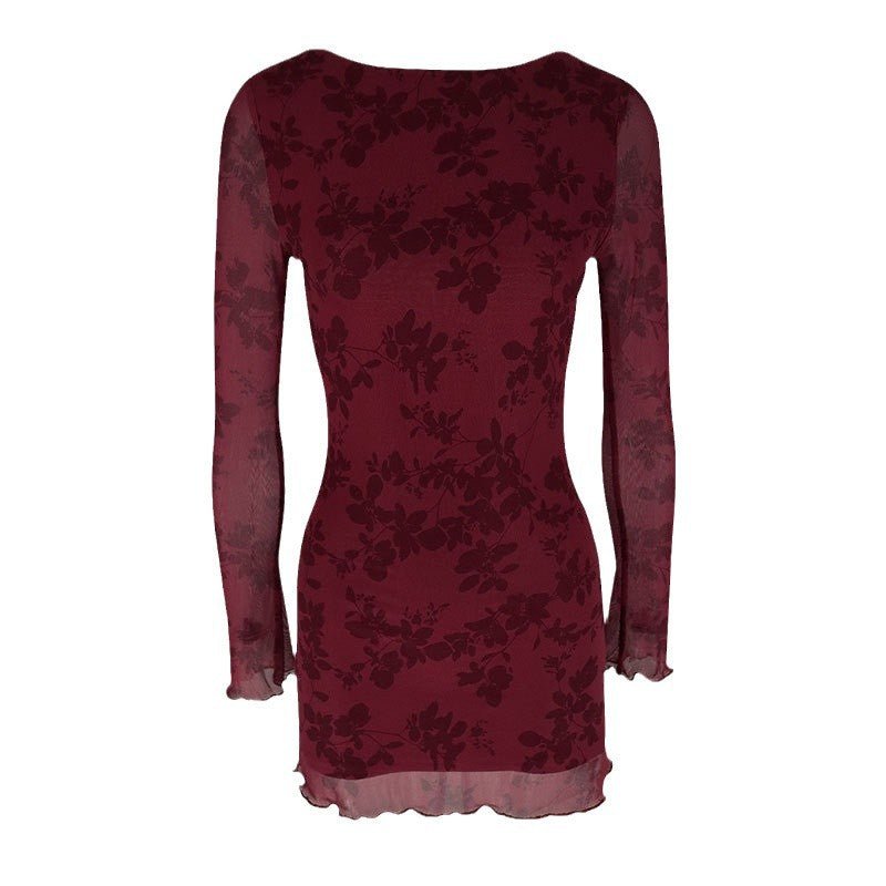 AC668 European and American Cross-border Explosions 2024 Early Spring Sexy Hot Girl Mesh Floral Crewneck Long Sleeve dress Women - Cozy & Co. Market