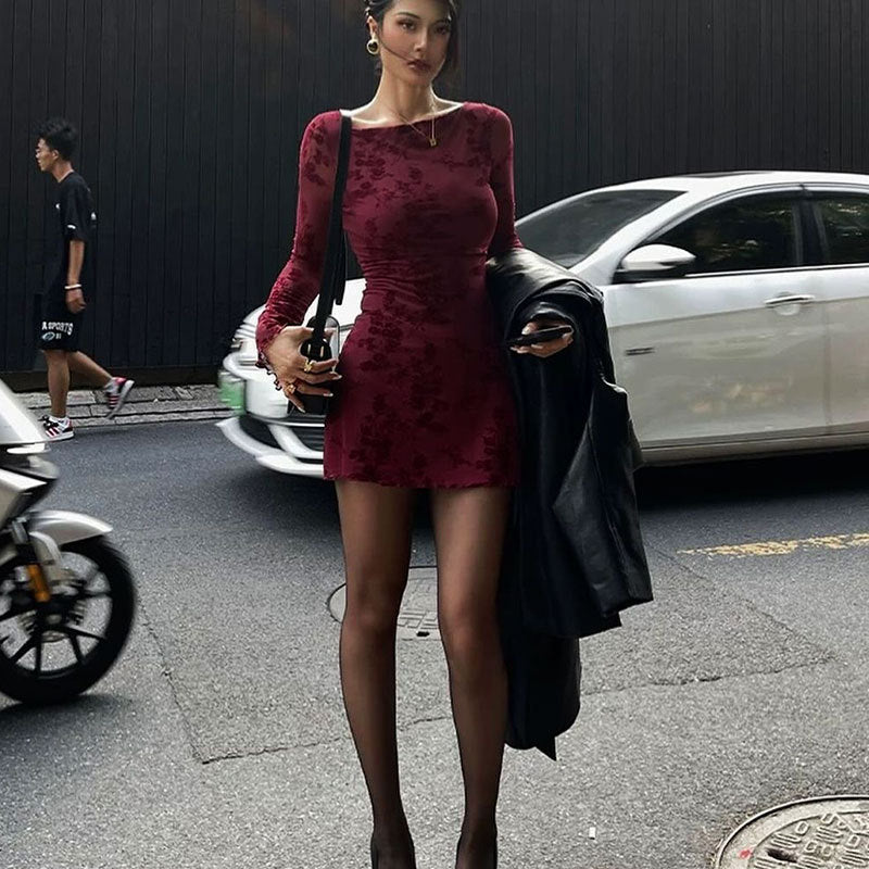 AC668 European and American Cross-border Explosions 2024 Early Spring Sexy Hot Girl Mesh Floral Crewneck Long Sleeve dress Women - Cozy & Co. Market