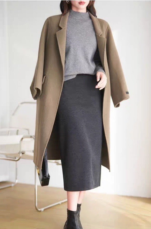 Acetate Cashmere Skirt Women's Mid-Length High-End Elegant High-Waist Slimming Rear Split Wool Straight Skirt Autumn and Winter New - Cozy & Co. Market
