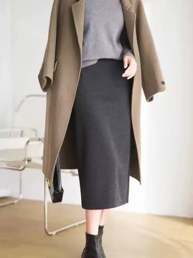 Acetate Cashmere Skirt Women's Mid-Length High-End Elegant High-Waist Slimming Rear Split Wool Straight Skirt Autumn and Winter New - Cozy & Co. Market