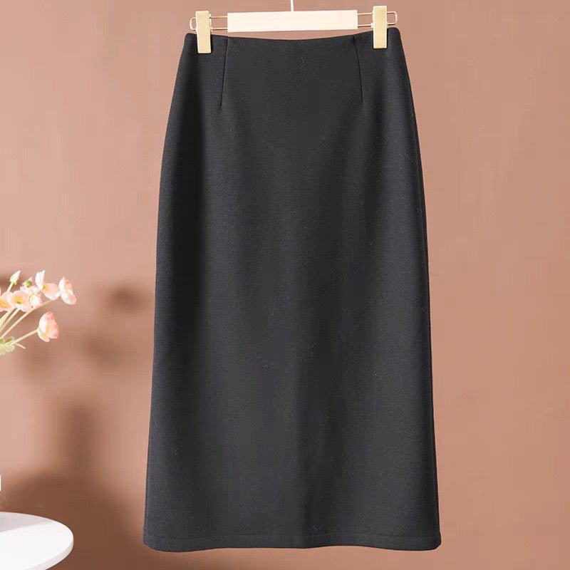 Acetate Cashmere Skirt Women's Mid-Length High-End Elegant High-Waist Slimming Rear Split Wool Straight Skirt Autumn and Winter New - Cozy & Co. Market