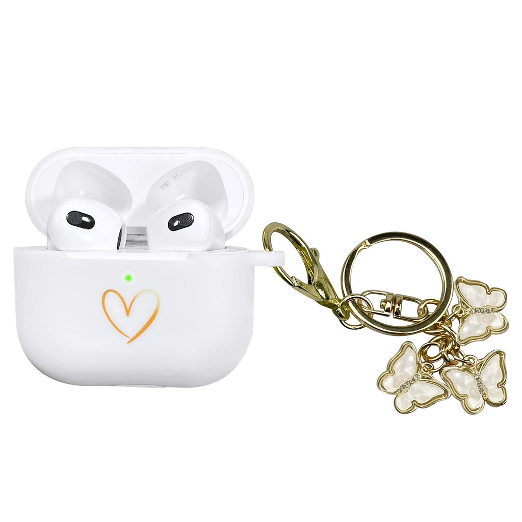 AIIEKZ Compatible with AirPods 3 Case Cover 2021 Soft Silicone Case with Gold Heart Pattern for AirPods 3rd Generation Case with Cute Butterfly Keychain for Girls Women (White) - Cozy & Co. Market