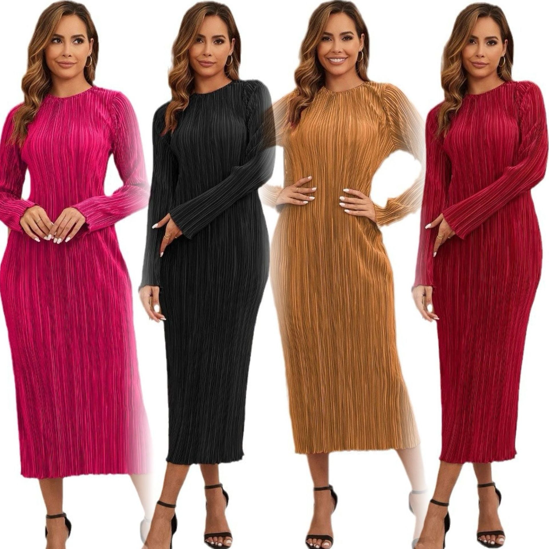 AJ7001 New Foreign Trade Women's Long Skirt European and American Stretch Pleated dress (Not Including Belt) - Cozy & Co. Market