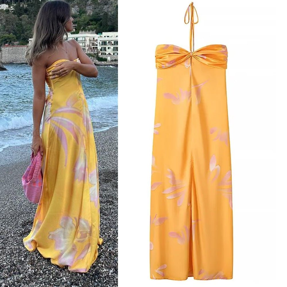 Aliexpress Saw Independent Site Women's Clothing Hip-Hugging Long Dress with Printed Design, Tie-Up Halter Neck, and Strapless Dress - Cozy & Co. Market