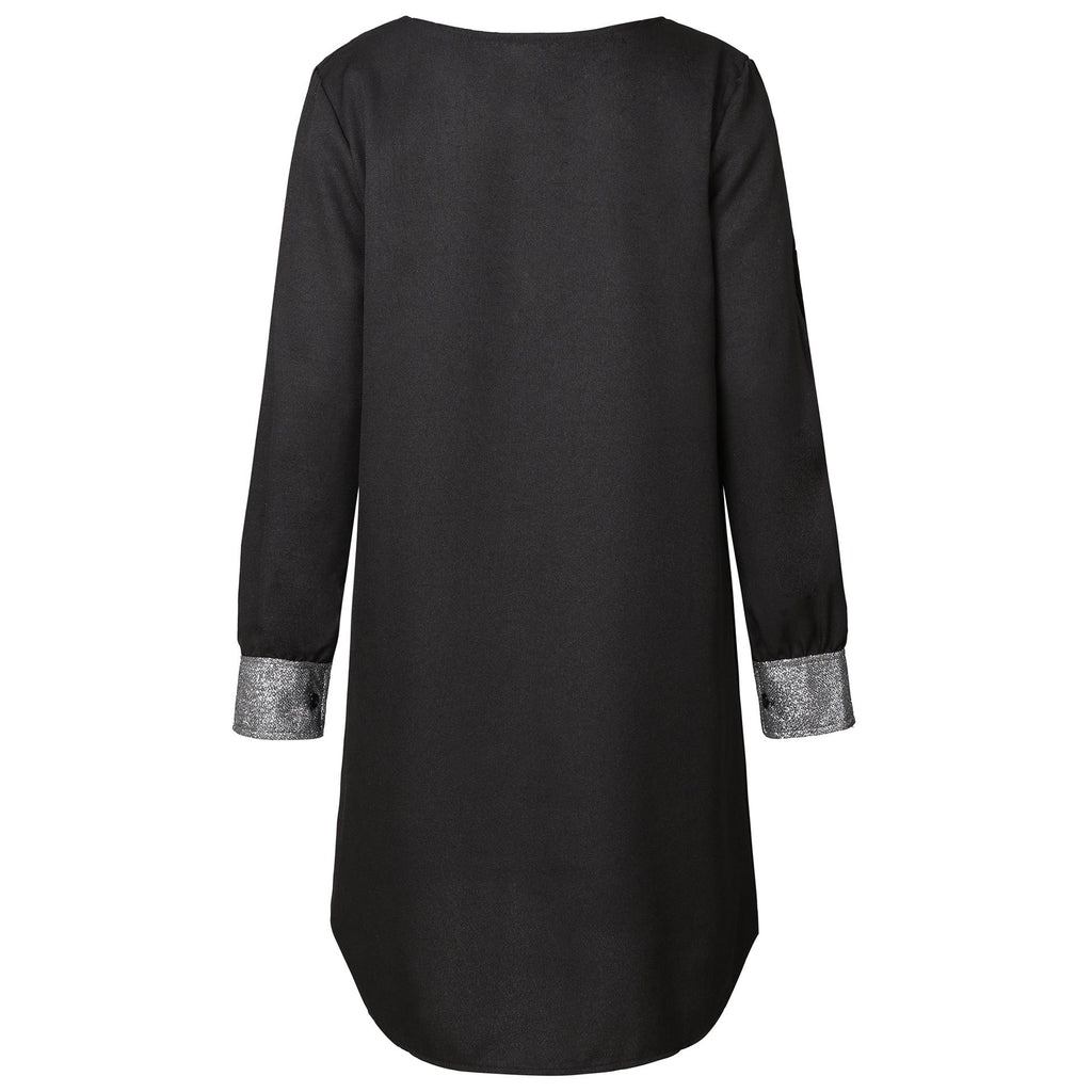 Amazon European and American Cross-Border New Women's Pure Color Off-Shoulder Sleeve Casual Fashion Deep V Neck Sequin Splicing Dress - Cozy & Co. Market