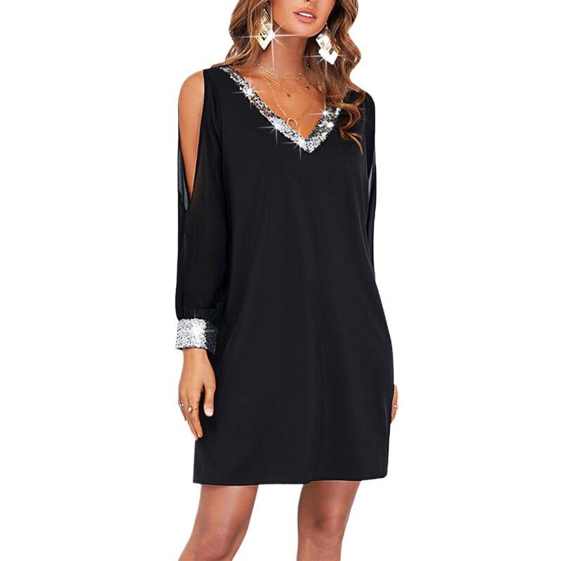 Amazon European and American Cross-Border New Women's Pure Color Off-Shoulder Sleeve Casual Fashion Deep V Neck Sequin Splicing Dress - Cozy & Co. Market
