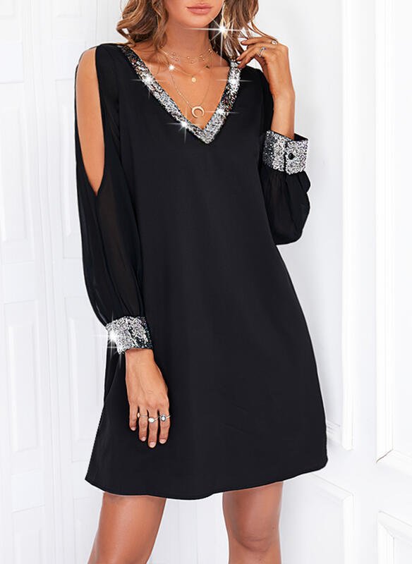 Amazon European and American Cross-Border New Women's Pure Color Off-Shoulder Sleeve Casual Fashion Deep V Neck Sequin Splicing Dress - Cozy & Co. Market