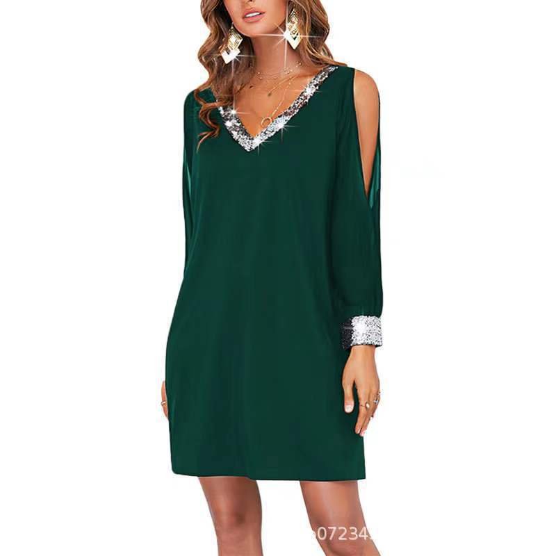 Amazon European and American Cross-Border New Women's Pure Color Off-Shoulder Sleeve Casual Fashion Deep V Neck Sequin Splicing Dress - Cozy & Co. Market