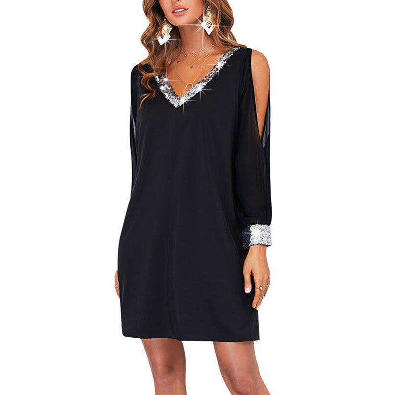 Amazon European and American Cross-Border New Women's Pure Color Off-Shoulder Sleeve Casual Fashion Deep V Neck Sequin Splicing Dress - Cozy & Co. Market