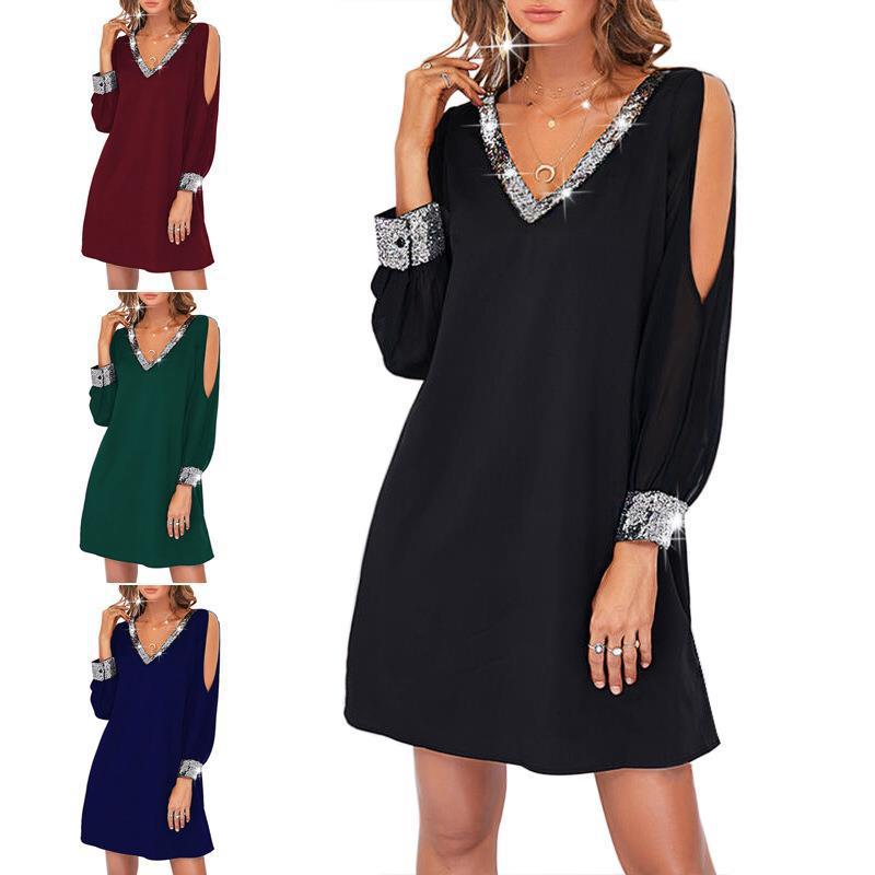 Amazon European and American Cross-Border New Women's Pure Color Off-Shoulder Sleeve Casual Fashion Deep V Neck Sequin Splicing Dress - Cozy & Co. Market