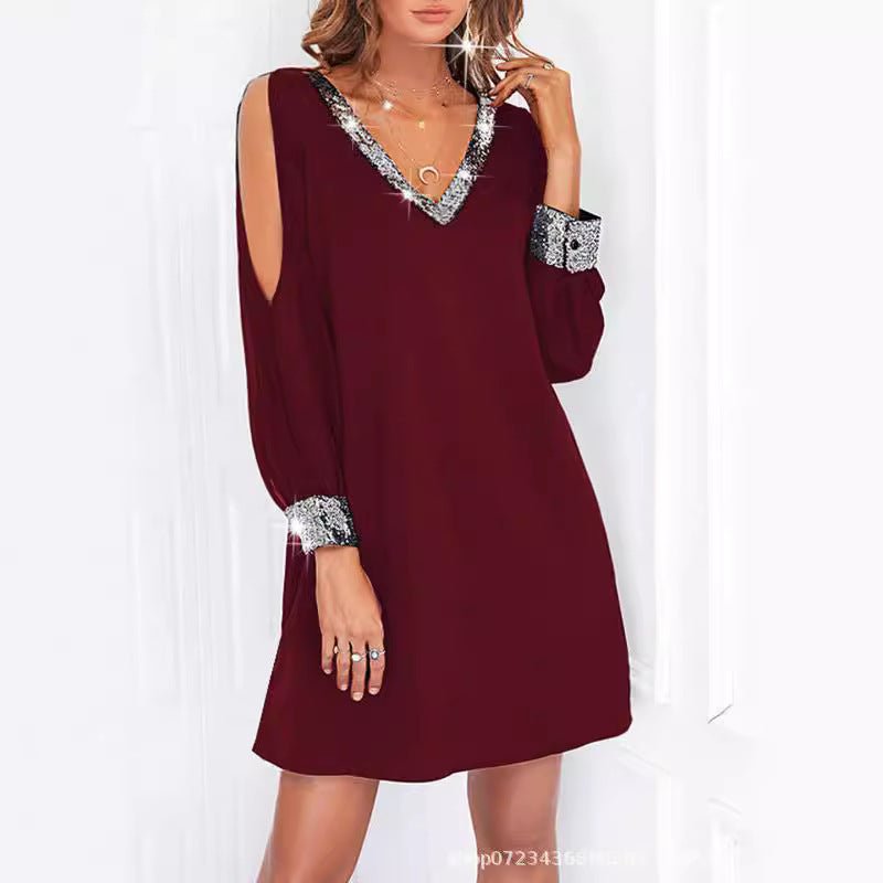 Amazon European and American Cross-Border New Women's Pure Color Off-Shoulder Sleeve Casual Fashion Deep V Neck Sequin Splicing Dress - Cozy & Co. Market