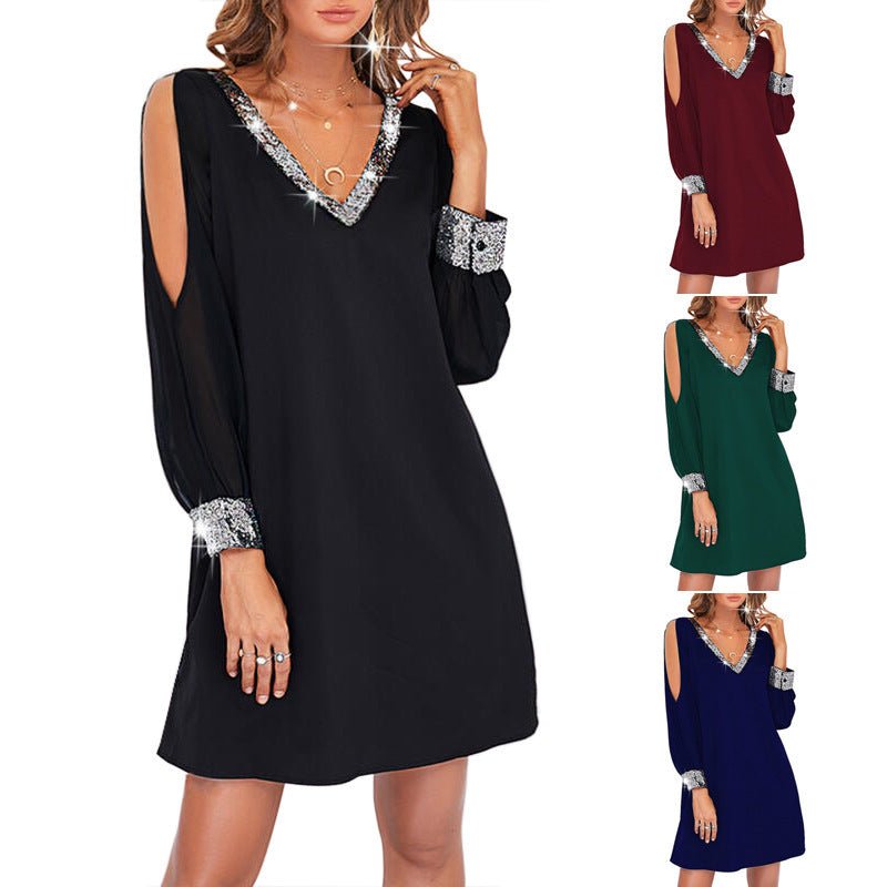 Amazon European and American Cross-Border New Women's Pure Color Off-Shoulder Sleeve Casual Fashion Deep V Neck Sequin Splicing Dress - Cozy & Co. Market