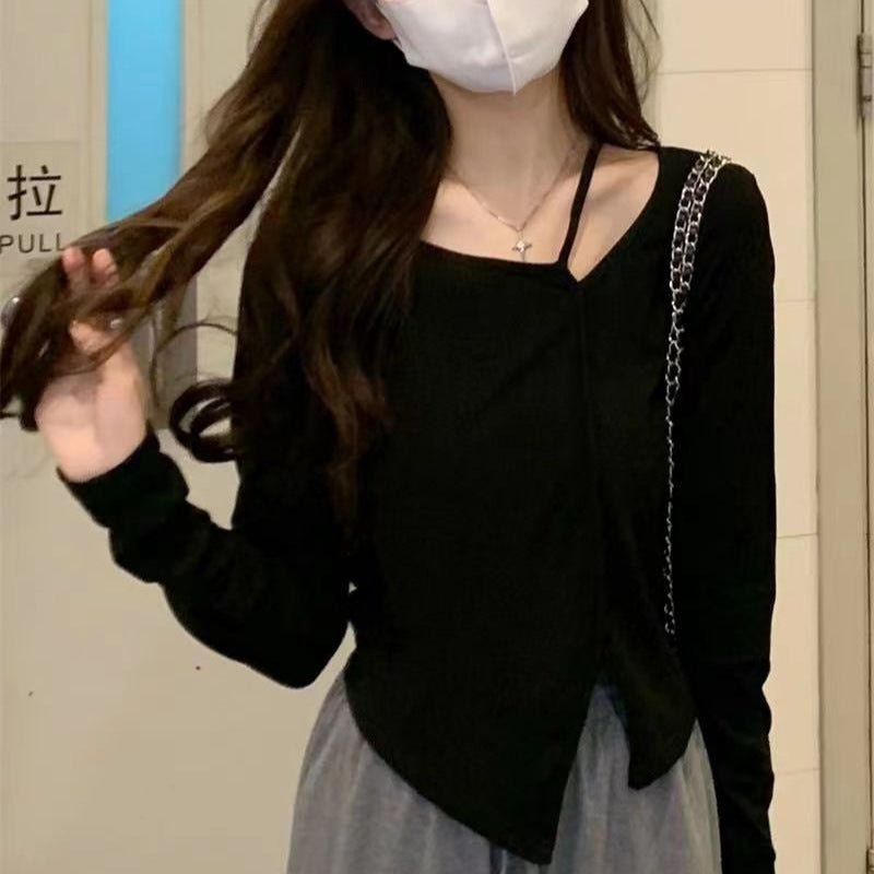 American Style Design Irregular Long-sleeved T-shirt Women's 2024 Spring and Autumn New Slim-fit Slimming Temperament Base Top - Cozy & Co. Market