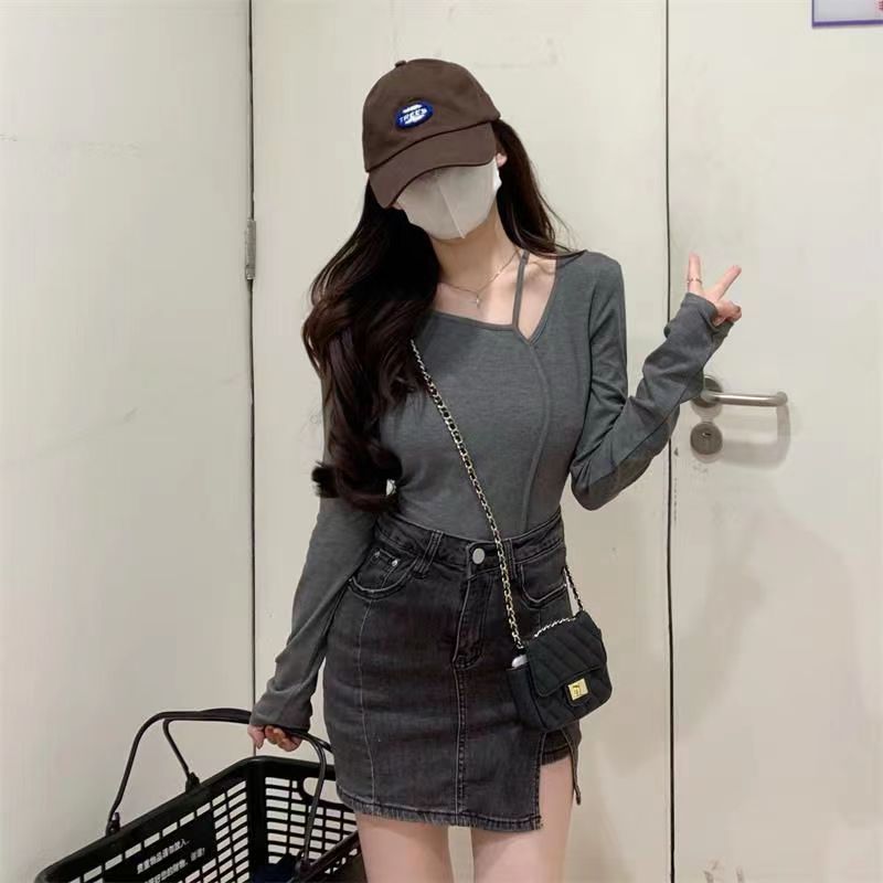 American Style Design Irregular Long-sleeved T-shirt Women's 2024 Spring and Autumn New Slim-fit Slimming Temperament Base Top - Cozy & Co. Market