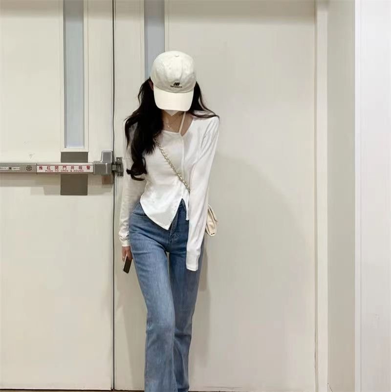 American Style Design Irregular Long-sleeved T-shirt Women's 2024 Spring and Autumn New Slim-fit Slimming Temperament Base Top - Cozy & Co. Market