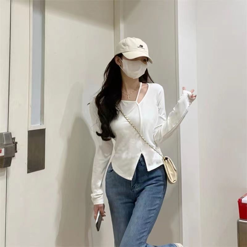 American Style Design Irregular Long-sleeved T-shirt Women's 2024 Spring and Autumn New Slim-fit Slimming Temperament Base Top - Cozy & Co. Market