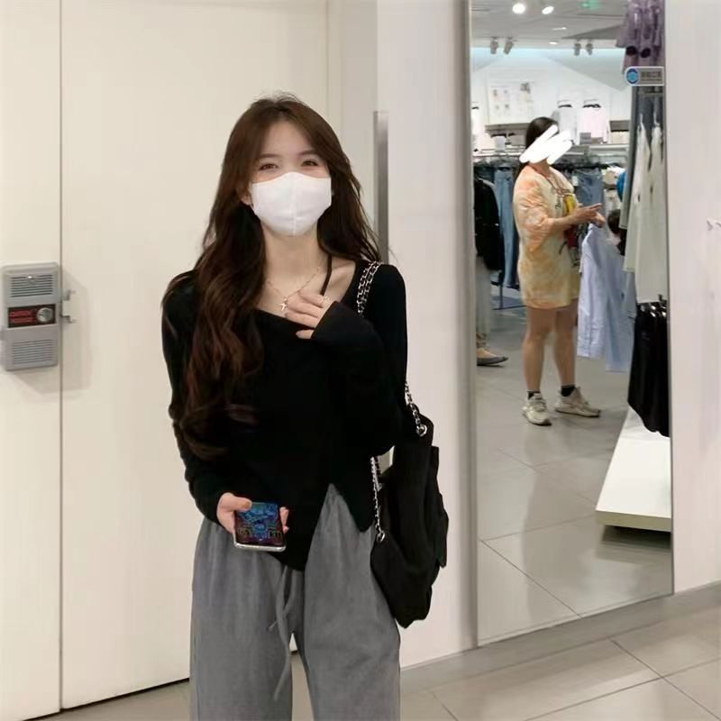 American Style Design Irregular Long-sleeved T-shirt Women's 2024 Spring and Autumn New Slim-fit Slimming Temperament Base Top - Cozy & Co. Market