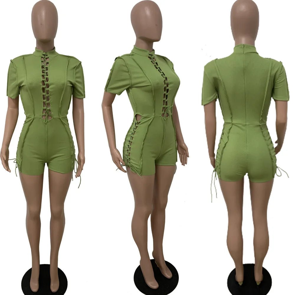 ANSKZTN Women Fashion Bodycon Solid O Neck Hollow Out Bandage Short Sleeve Rompers Jumpsuit - Cozy & Co. Market