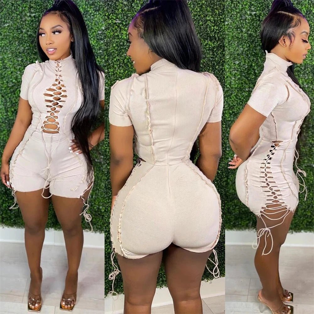 ANSKZTN Women Fashion Bodycon Solid O Neck Hollow Out Bandage Short Sleeve Rompers Jumpsuit - Cozy & Co. Market