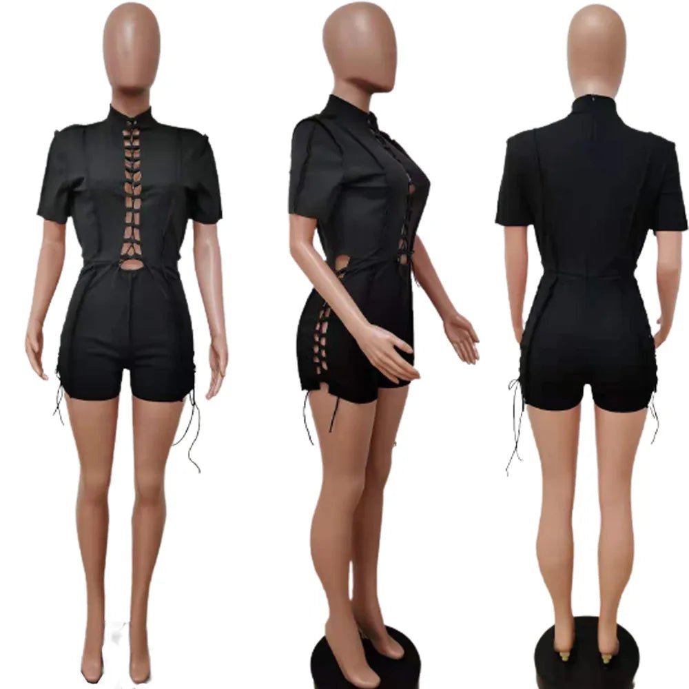 ANSKZTN Women Fashion Bodycon Solid O Neck Hollow Out Bandage Short Sleeve Rompers Jumpsuit - Cozy & Co. Market
