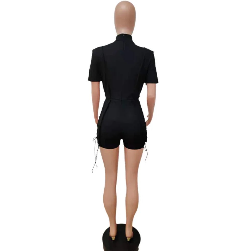 ANSKZTN Women Fashion Bodycon Solid O Neck Hollow Out Bandage Short Sleeve Rompers Jumpsuit - Cozy & Co. Market