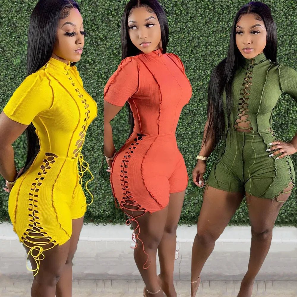 ANSKZTN Women Fashion Bodycon Solid O Neck Hollow Out Bandage Short Sleeve Rompers Jumpsuit - Cozy & Co. Market