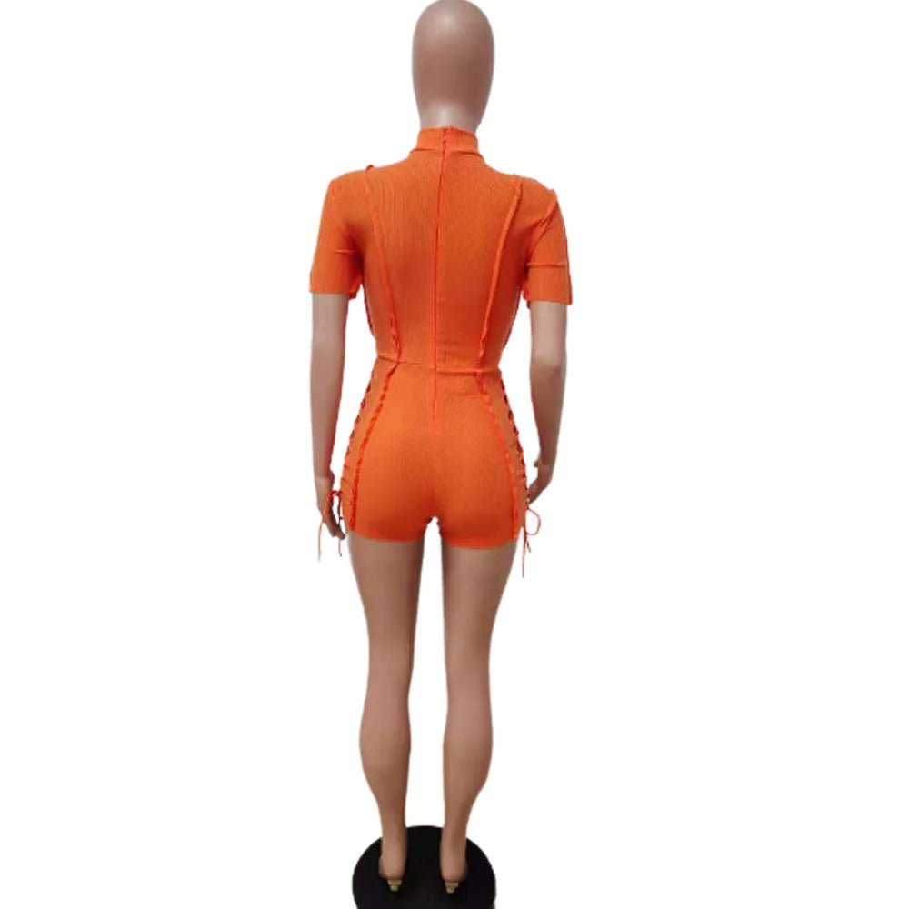 ANSKZTN Women Fashion Bodycon Solid O Neck Hollow Out Bandage Short Sleeve Rompers Jumpsuit - Cozy & Co. Market