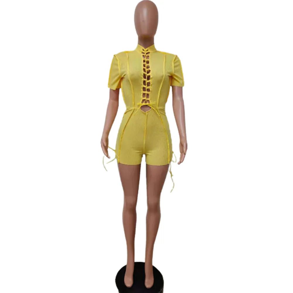 ANSKZTN Women Fashion Bodycon Solid O Neck Hollow Out Bandage Short Sleeve Rompers Jumpsuit - Cozy & Co. Market
