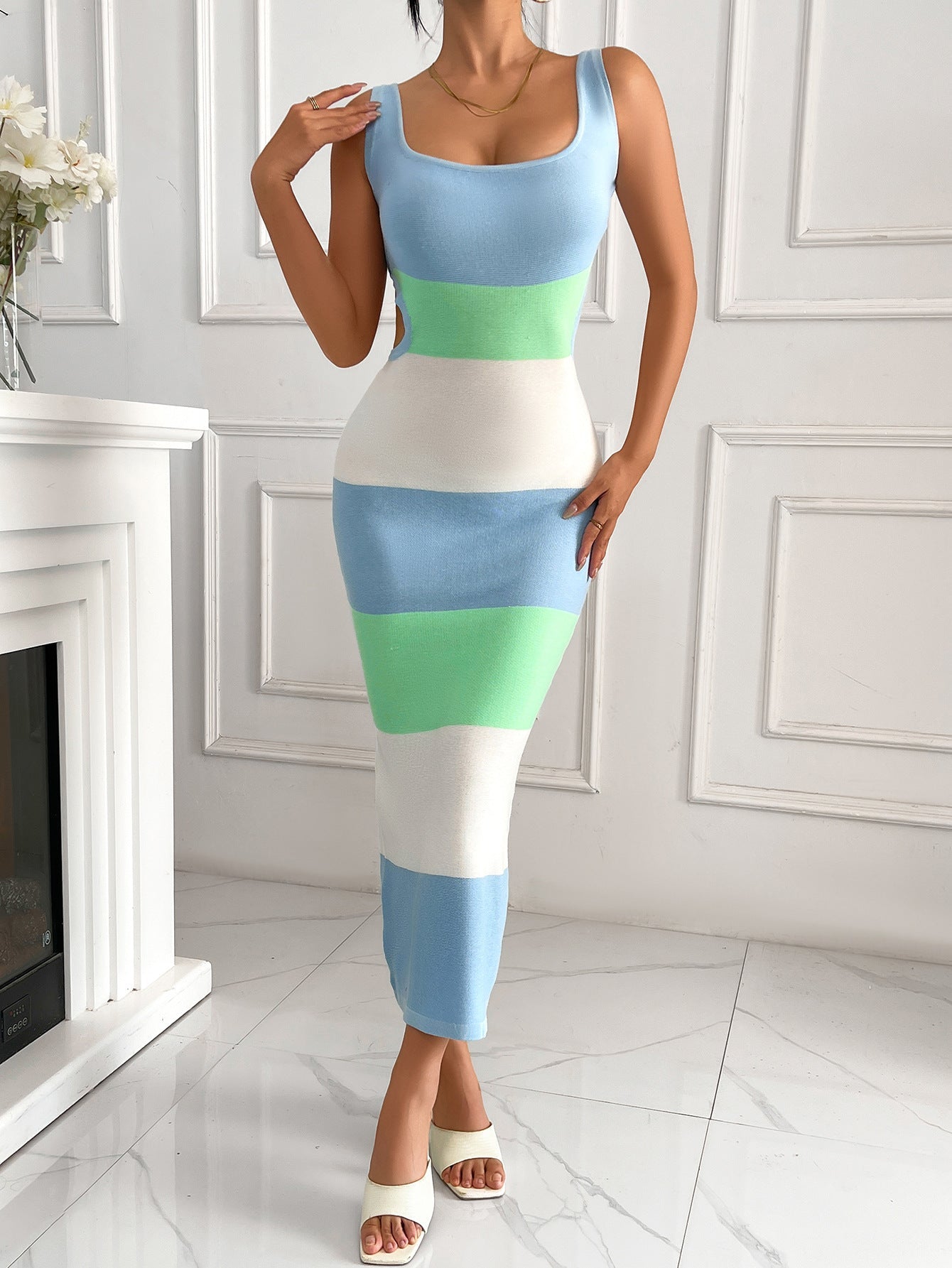 Backless Strap Sweater dress Design Niche Strap Contrast Color European and American Ins Hot Girl Tight Woolen Long Dress - Cozy & Co. Market