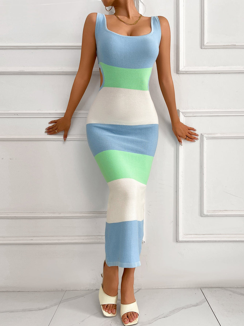 Backless Strap Sweater dress Design Niche Strap Contrast Color European and American Ins Hot Girl Tight Woolen Long Dress - Cozy & Co. Market