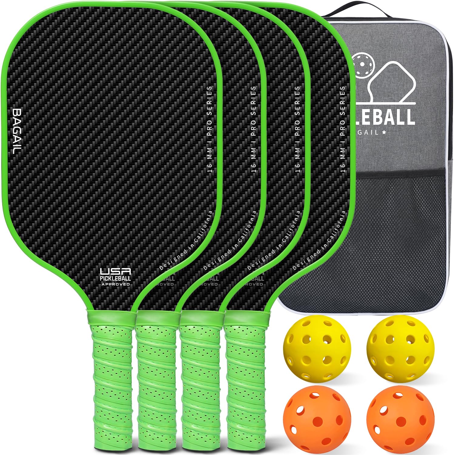 BAGAIL Pickleball Paddles USAPA Approved Fiberglass Surface Pickleball Set Lightweight Pickle Ball Rackets with 4 Balls 1 Bag Designed in California for Traction and Stability - 4 Pack Green - Cozy & Co. Market