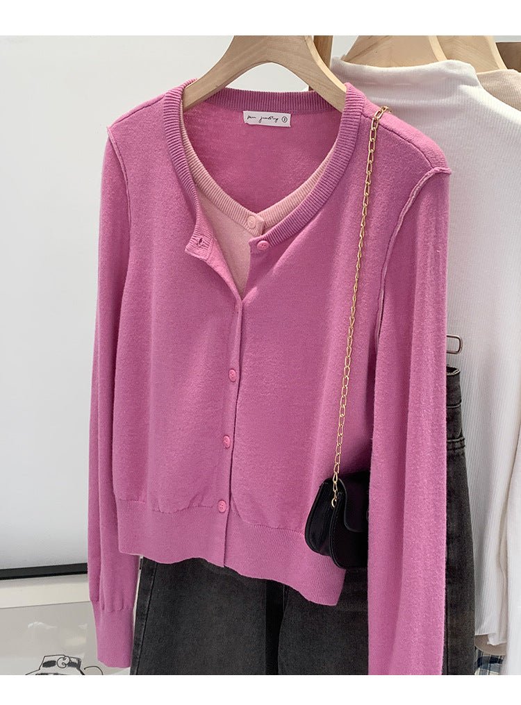 Beautiful V-neck Fake Two-piece Sleeve Knitted Cardigan Jacket Women's 2024 Autumn and Winter Western Style Unique Chic Slim Small Top - Cozy & Co. Market