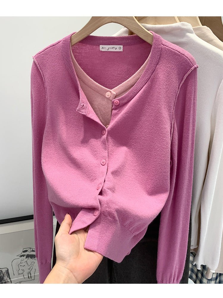 Beautiful V-neck Fake Two-piece Sleeve Knitted Cardigan Jacket Women's 2024 Autumn and Winter Western Style Unique Chic Slim Small Top - Cozy & Co. Market
