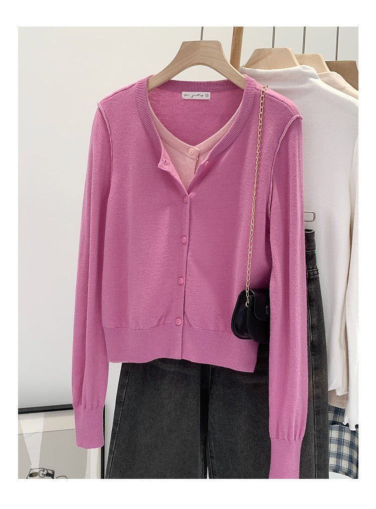 Beautiful V-neck Fake Two-piece Sleeve Knitted Cardigan Jacket Women's 2024 Autumn and Winter Western Style Unique Chic Slim Small Top - Cozy & Co. Market