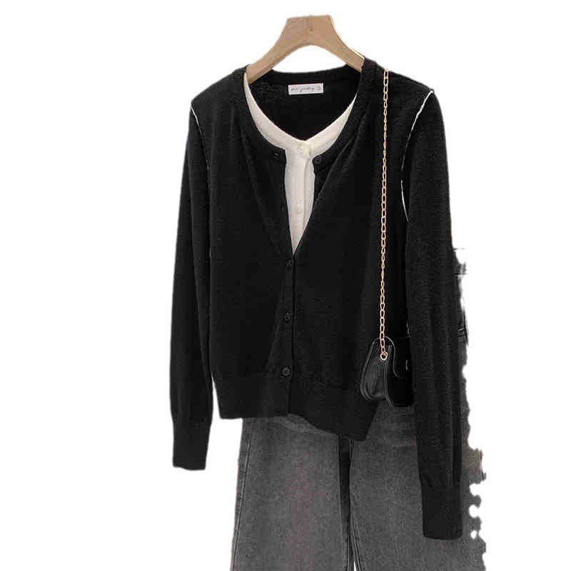Beautiful V-neck Fake Two-piece Sleeve Knitted Cardigan Jacket Women's 2024 Autumn and Winter Western Style Unique Chic Slim Small Top - Cozy & Co. Market