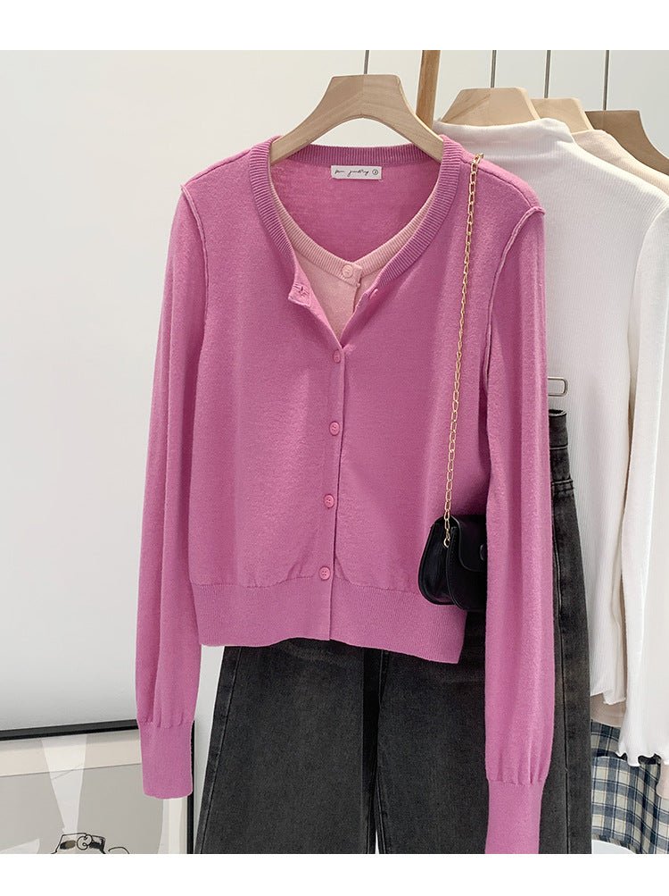 Beautiful V-neck Fake Two-piece Sleeve Knitted Cardigan Jacket Women's 2024 Autumn and Winter Western Style Unique Chic Slim Small Top - Cozy & Co. Market