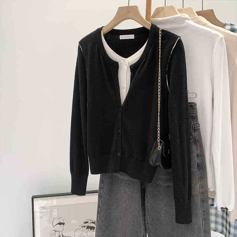 Beautiful V-neck Fake Two-piece Sleeve Knitted Cardigan Jacket Women's 2024 Autumn and Winter Western Style Unique Chic Slim Small Top - Cozy & Co. Market