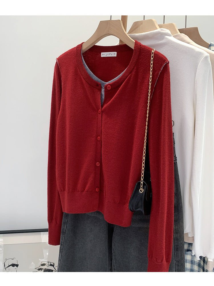 Beautiful V-neck Fake Two-piece Sleeve Knitted Cardigan Jacket Women's 2024 Autumn and Winter Western Style Unique Chic Slim Small Top - Cozy & Co. Market