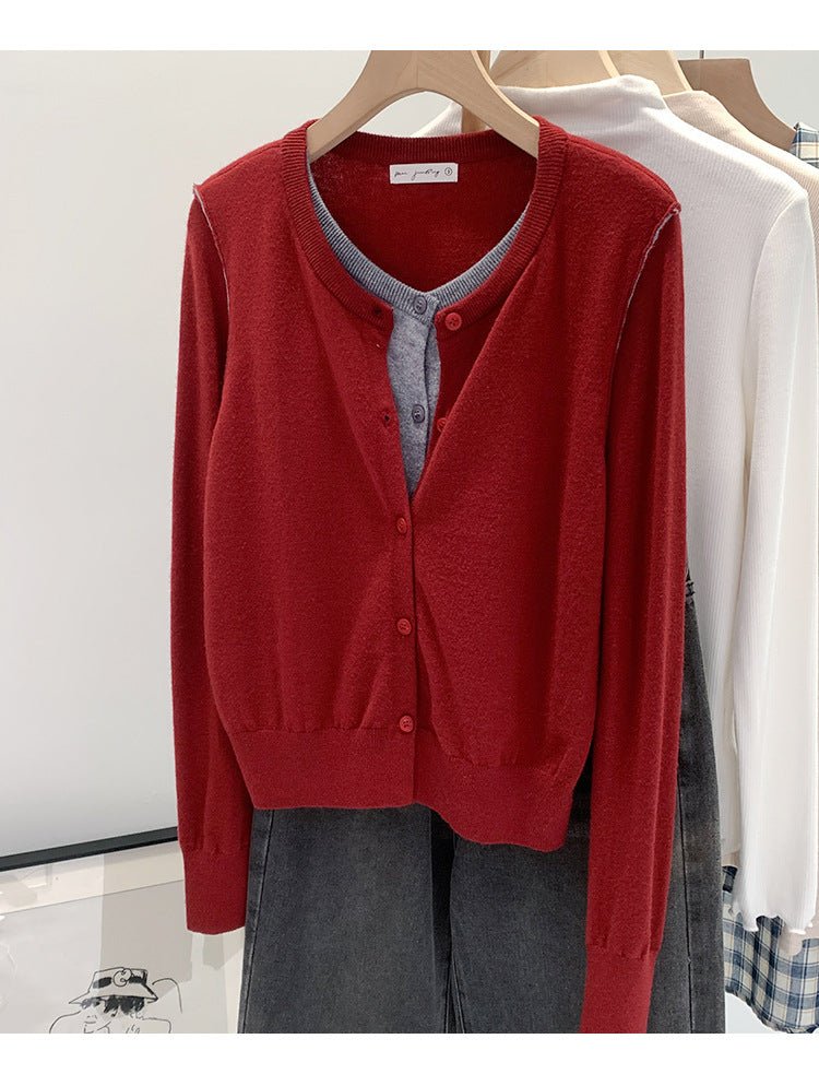 Beautiful V-neck Fake Two-piece Sleeve Knitted Cardigan Jacket Women's 2024 Autumn and Winter Western Style Unique Chic Slim Small Top - Cozy & Co. Market