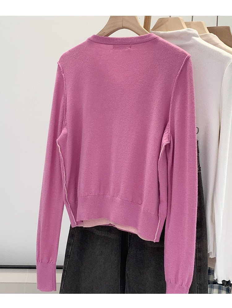 Beautiful V-neck Fake Two-piece Sleeve Knitted Cardigan Jacket Women's 2024 Autumn and Winter Western Style Unique Chic Slim Small Top - Cozy & Co. Market