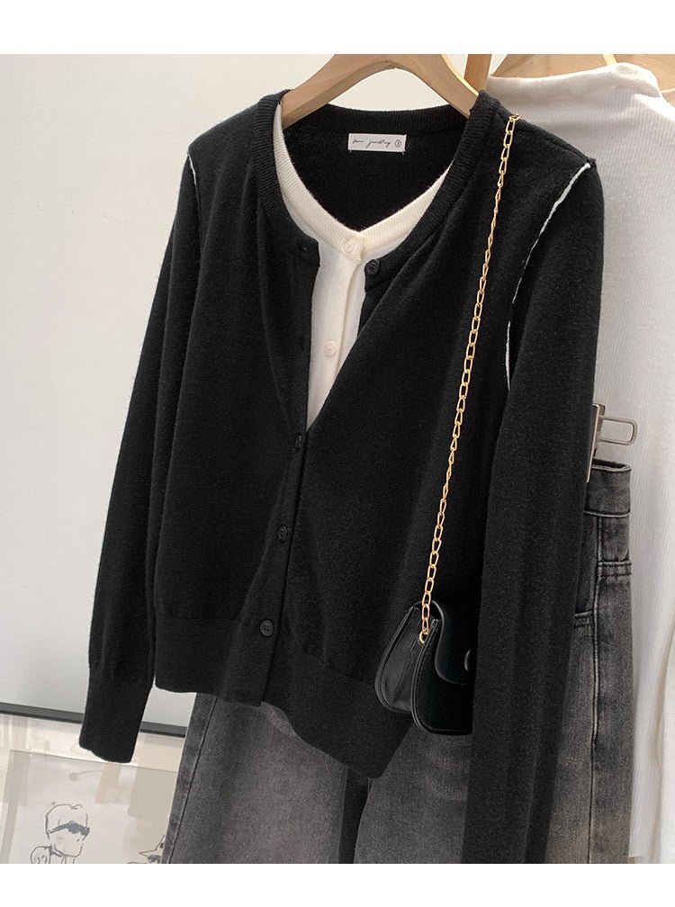 Beautiful V-neck Fake Two-piece Sleeve Knitted Cardigan Jacket Women's 2024 Autumn and Winter Western Style Unique Chic Slim Small Top - Cozy & Co. Market