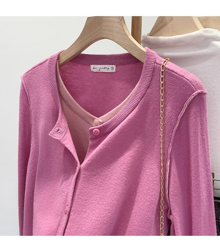 Beautiful V-neck Fake Two-piece Sleeve Knitted Cardigan Jacket Women's 2024 Autumn and Winter Western Style Unique Chic Slim Small Top - Cozy & Co. Market