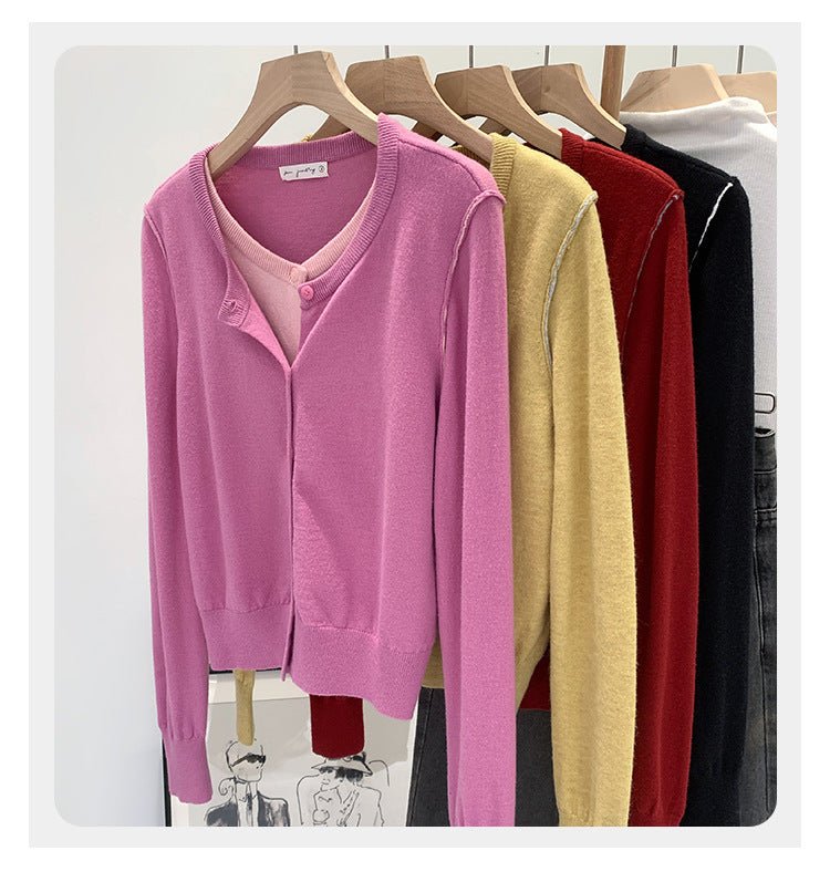 Beautiful V-neck Fake Two-piece Sleeve Knitted Cardigan Jacket Women's 2024 Autumn and Winter Western Style Unique Chic Slim Small Top - Cozy & Co. Market
