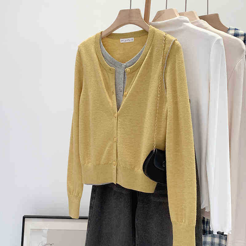 Beautiful V-neck Fake Two-piece Sleeve Knitted Cardigan Jacket Women's 2024 Autumn and Winter Western Style Unique Chic Slim Small Top - Cozy & Co. Market