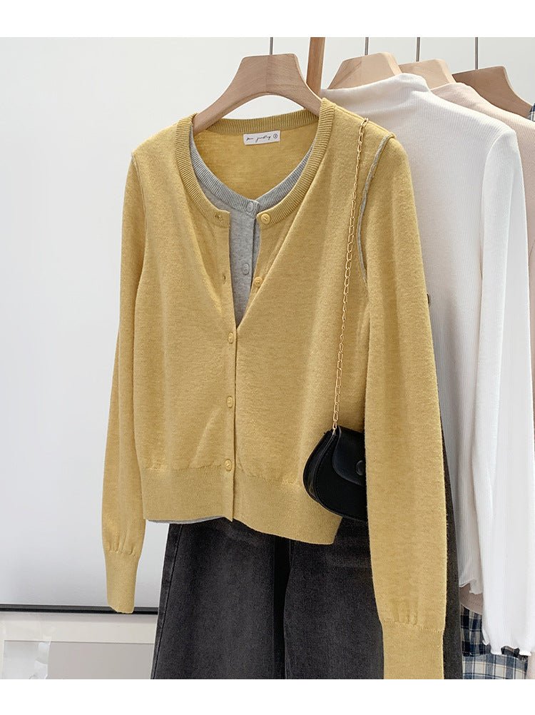 Beautiful V-neck Fake Two-piece Sleeve Knitted Cardigan Jacket Women's 2024 Autumn and Winter Western Style Unique Chic Slim Small Top - Cozy & Co. Market